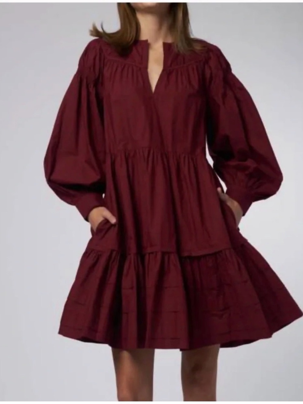 NWT ULLA JOHNSON Women’s Burgundy Balloon-Sleeve Tiered Dress
